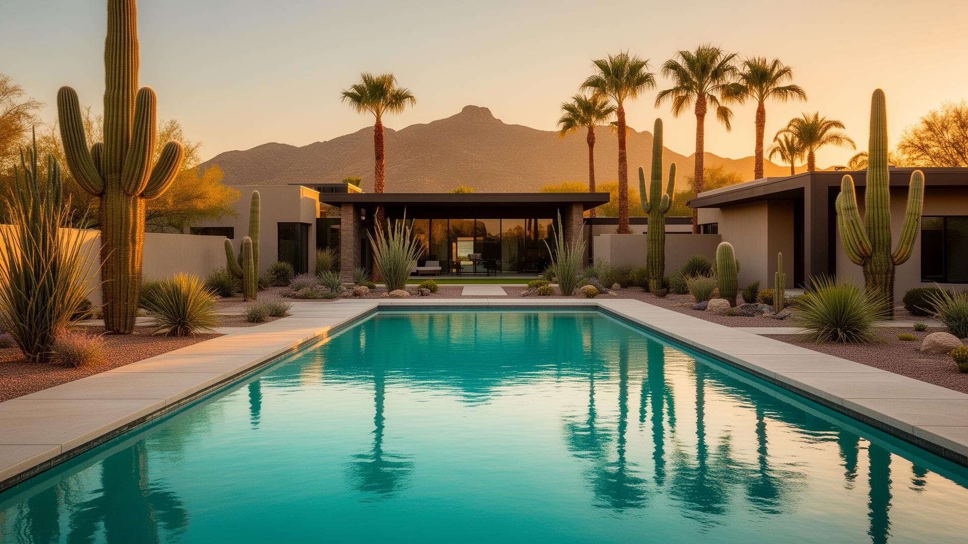A modern backyard swimming pool in Phoenix, Arizona at golden hour with desert landscaping, palm trees and mountain views.